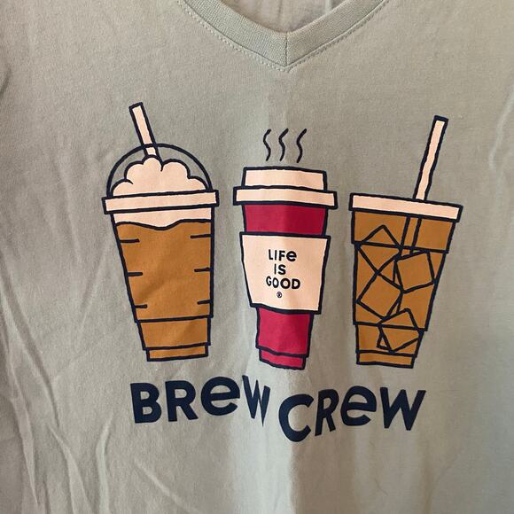 Life Is Good Women size Small Blue Crusher Lite V-neck Coffee Brew Crew T-Shirt - Picture 4 of 9